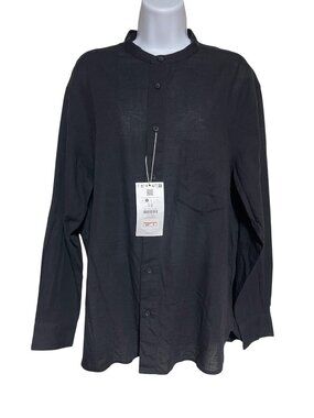Bershka Black Mandarin Collar Long Sleeve Shirt Mens S Linen Blend Button Up
